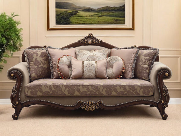 38 Beige Velvet Floral Sofa And Toss Pillows With Brown Legs