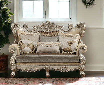 72" Cream And Platinum Damask Chesterfield Loveseat and Toss Pillows