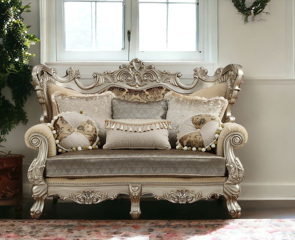 72 Cream And Platinum Damask Chesterfield Loveseat and Toss Pillows