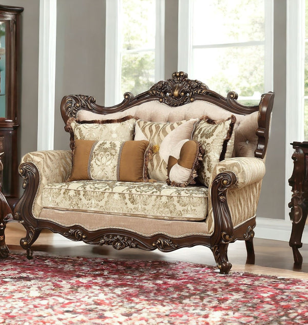 70 Beige and Brown And Brown Damask Loveseat and Toss Pillows