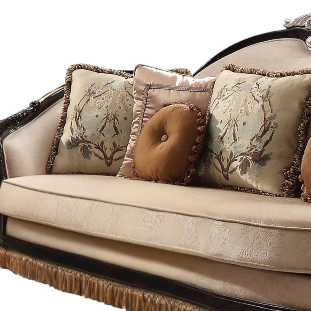 41" Tan Velvet Curved Sofa And Toss Pillows