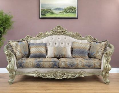 40" Antiqued White Velvet Curved Floral Sofa And Toss Pillows With Champagne Legs