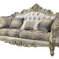 40" Antiqued White Velvet Curved Floral Sofa And Toss Pillows With Champagne Legs