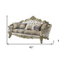 40" Antiqued White Velvet Curved Floral Sofa And Toss Pillows With Champagne Legs