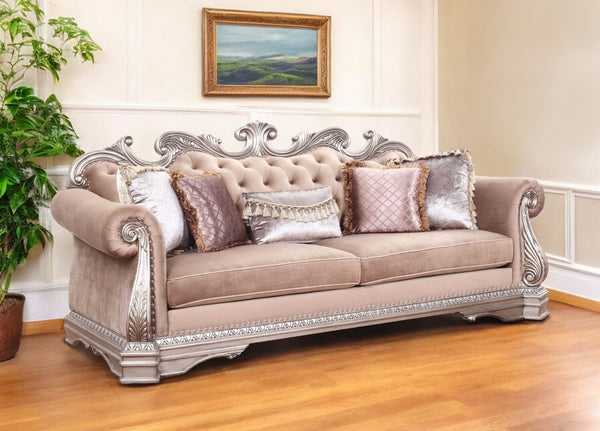 42 Rosegold Velvet Sofa And Toss Pillows With Silver Legs