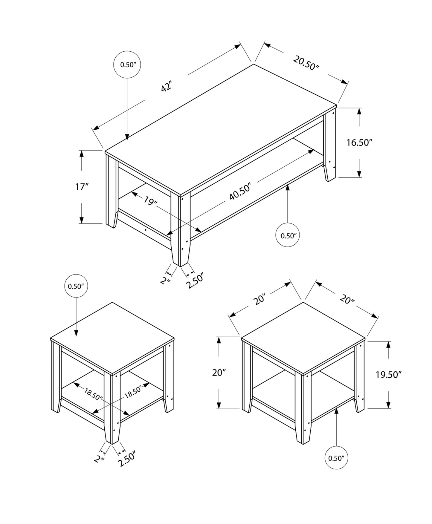 Set of Three 42" Brown Coffee Table