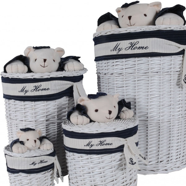 17.5 X 17.5 X 28 White blue Oval willow bear Design basket Set Of 4