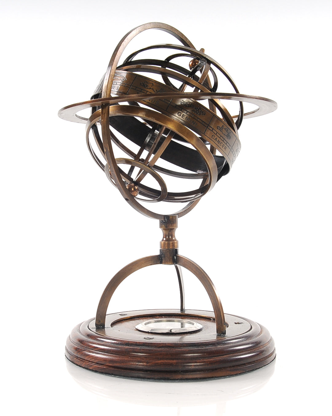 7" X 7" X 11" Brass Armillary With Compass On Wood Base