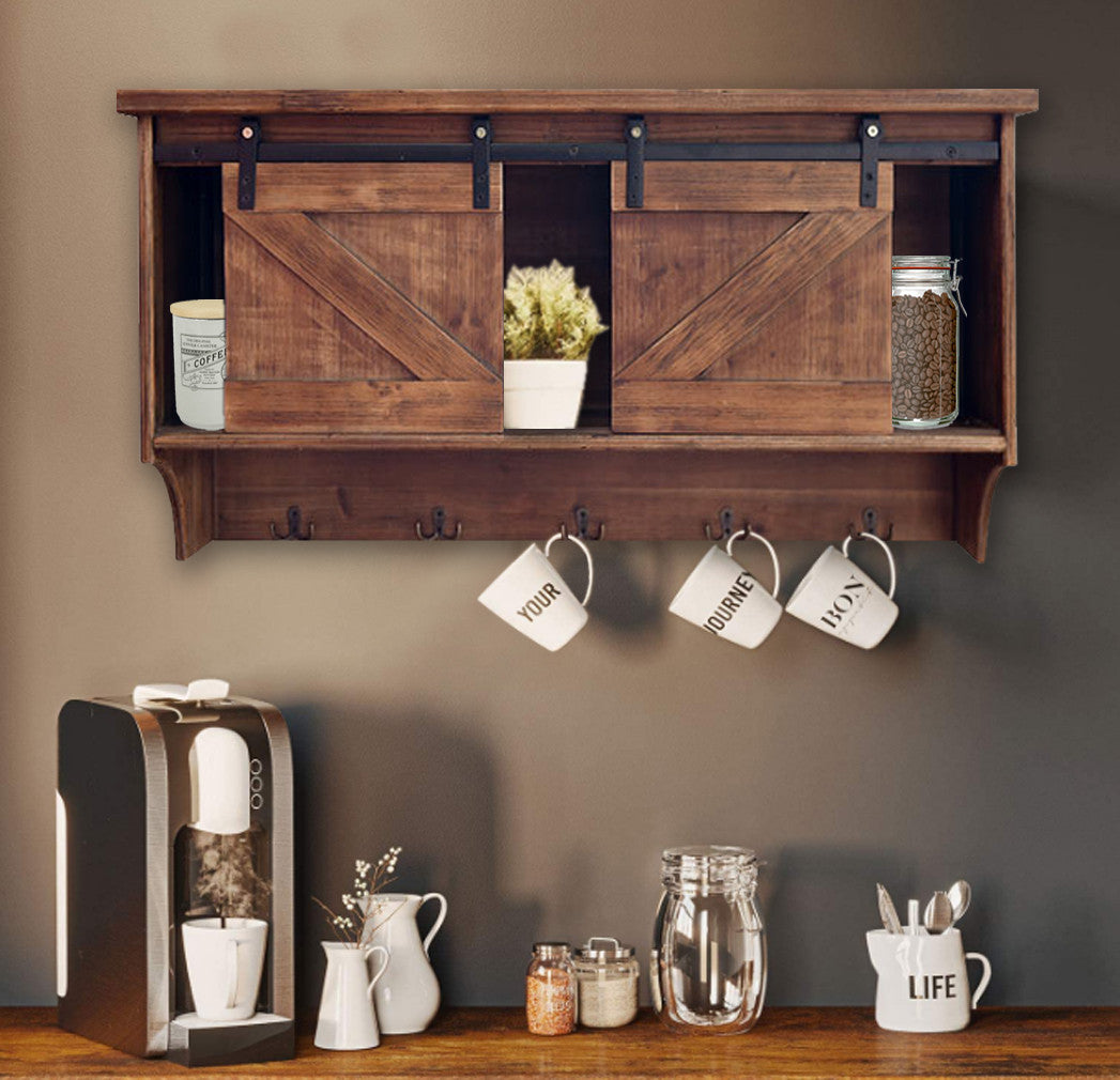 Rustic Wooden Shelf With Barn Door Storage And Hooks