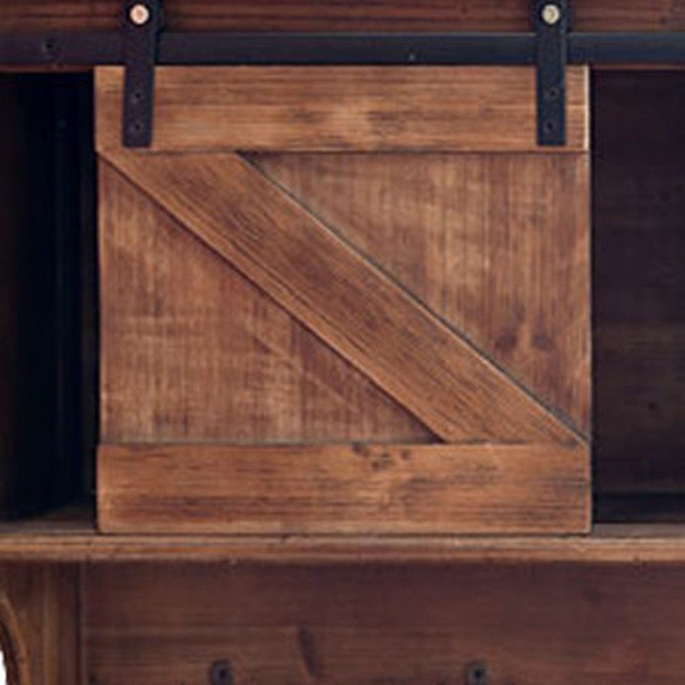 Rustic Wooden Shelf With Barn Door Storage And Hooks