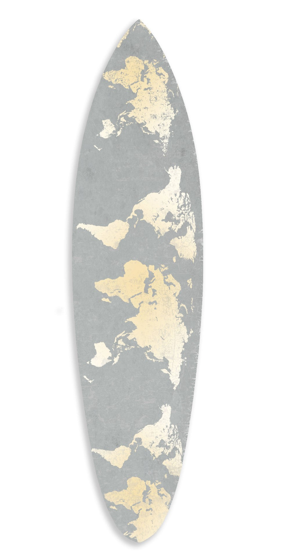 76" X 18" X 1" Grey And Gold World Map Surfboard Wall Art