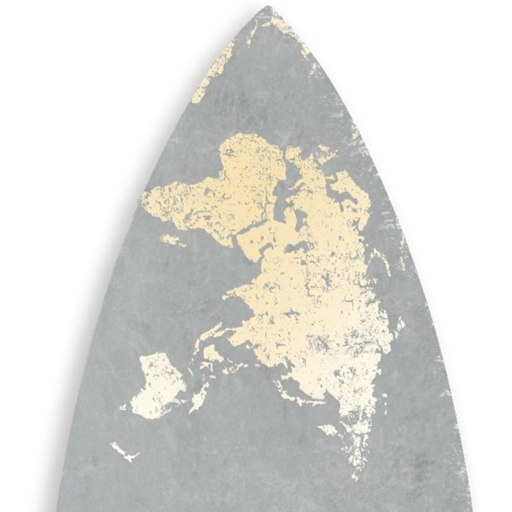 76" X 18" X 1" Grey And Gold World Map Surfboard Wall Art