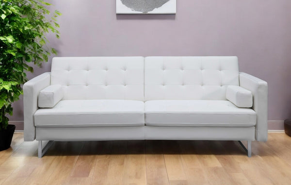 80 White Faux Leather Sofa With Silver Legs