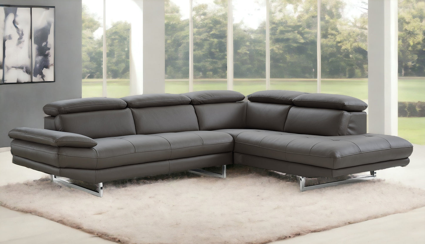 Dark Gray Genuine Leather L Shaped Two Piece Sofa and Chaise Sectional