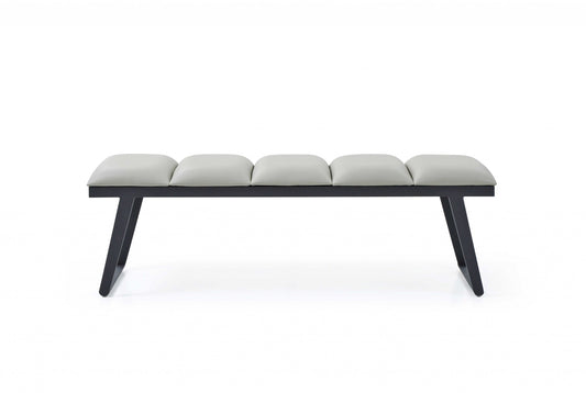 57" Light Gray and Black Upholstered Faux Leather Bench