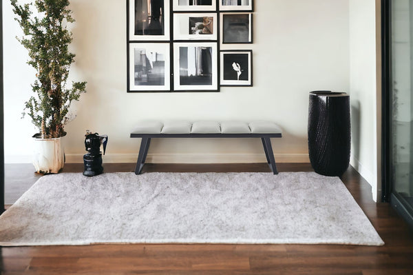 57 Light Gray and Black Upholstered Faux Leather Bench