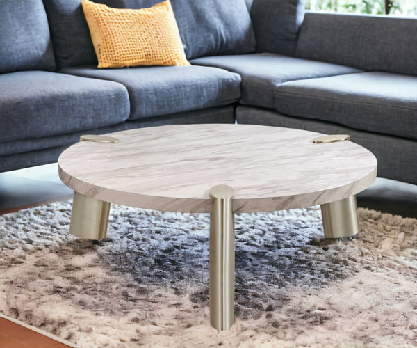 48 Gold And White Genuine Marble Round Coffee Table