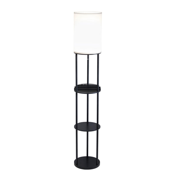 Black Wood Floor Lamp With Circular Usb Charging Station Shelf