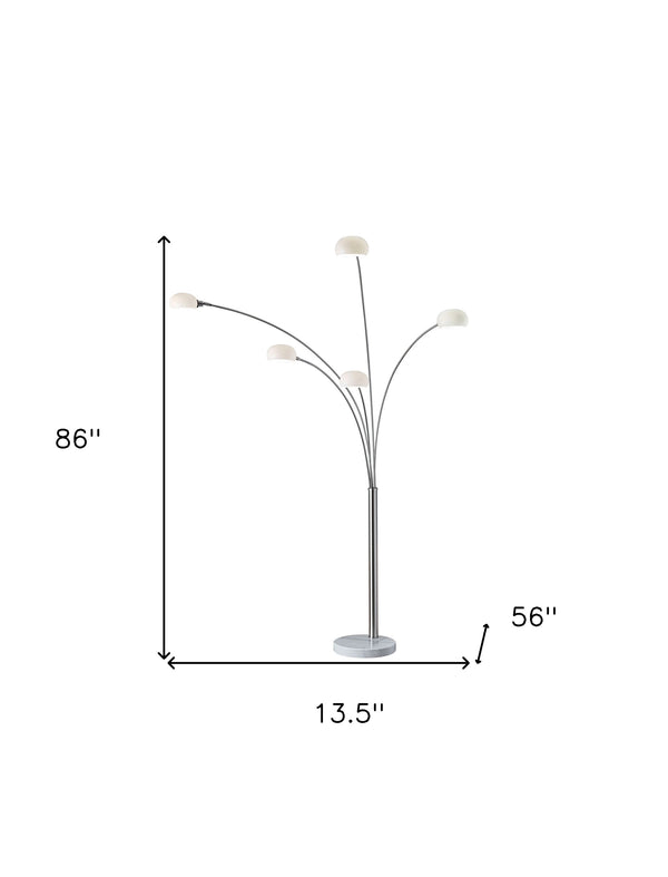 86 Steel Five Light Tree Floor Lamp With White Glass Dome Shade