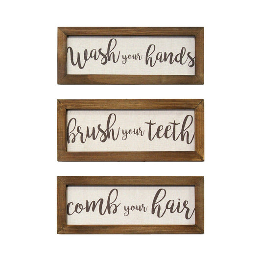 Set Of 3 Linen Bathroom Rules Wood Framed Wall Art