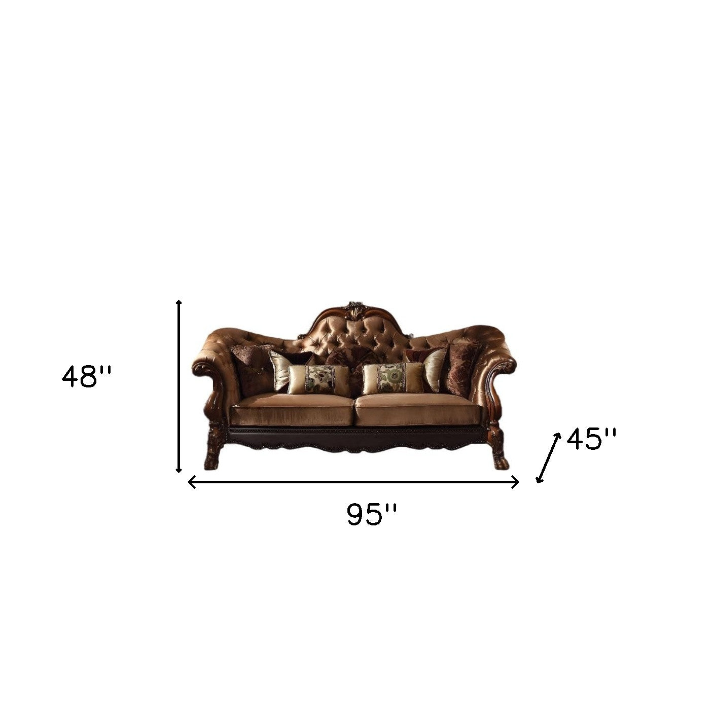 95" Golden Brown Velvet Curved Sofa And Toss Pillows With Brown Legs