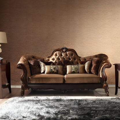 95" Golden Brown Velvet Curved Sofa And Toss Pillows With Brown Legs