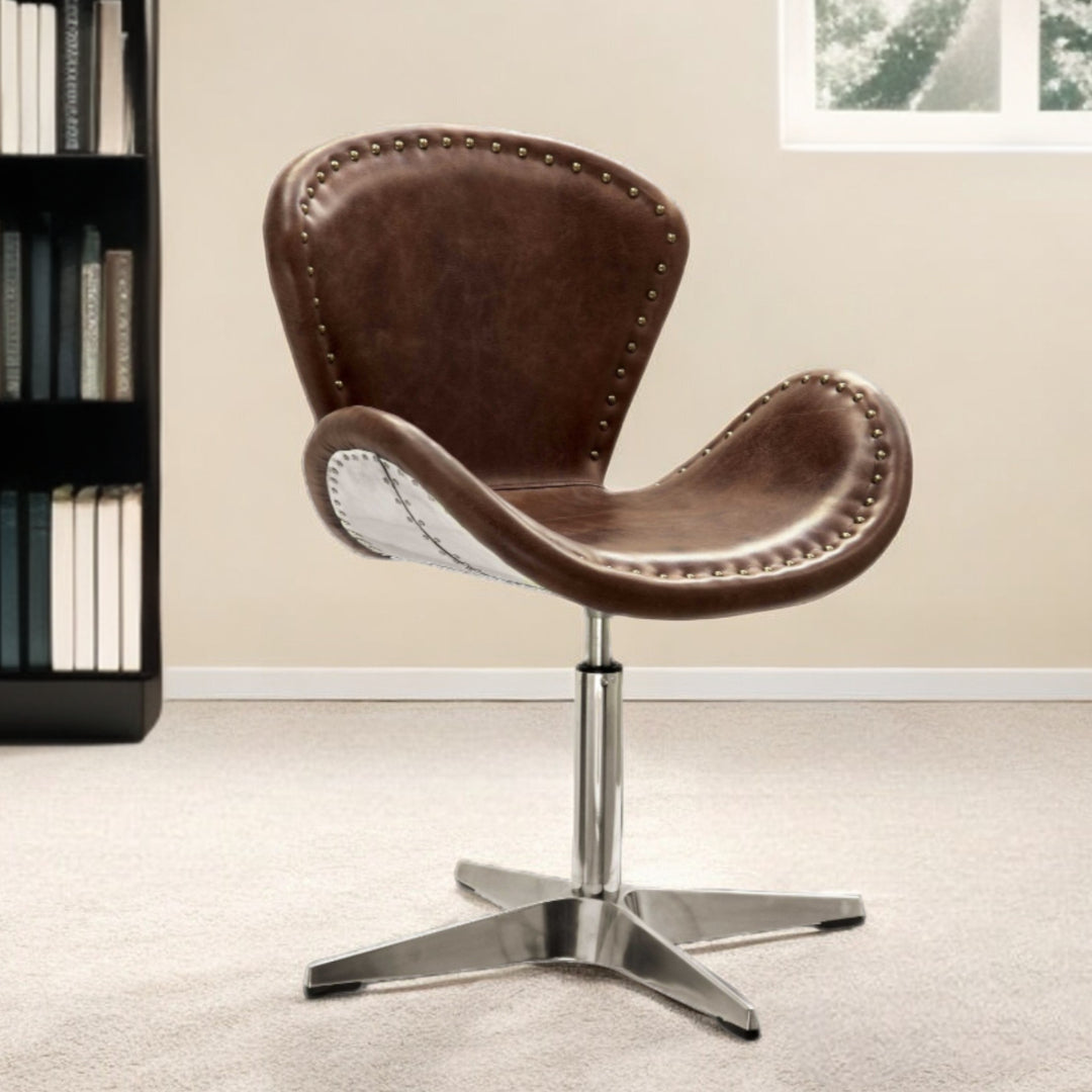 25" Brown And Silver Faux Leather Distressed Swivel Side Chair