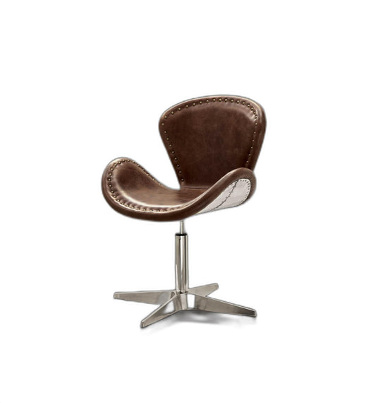 25" Brown And Silver Faux Leather Distressed Swivel Side Chair