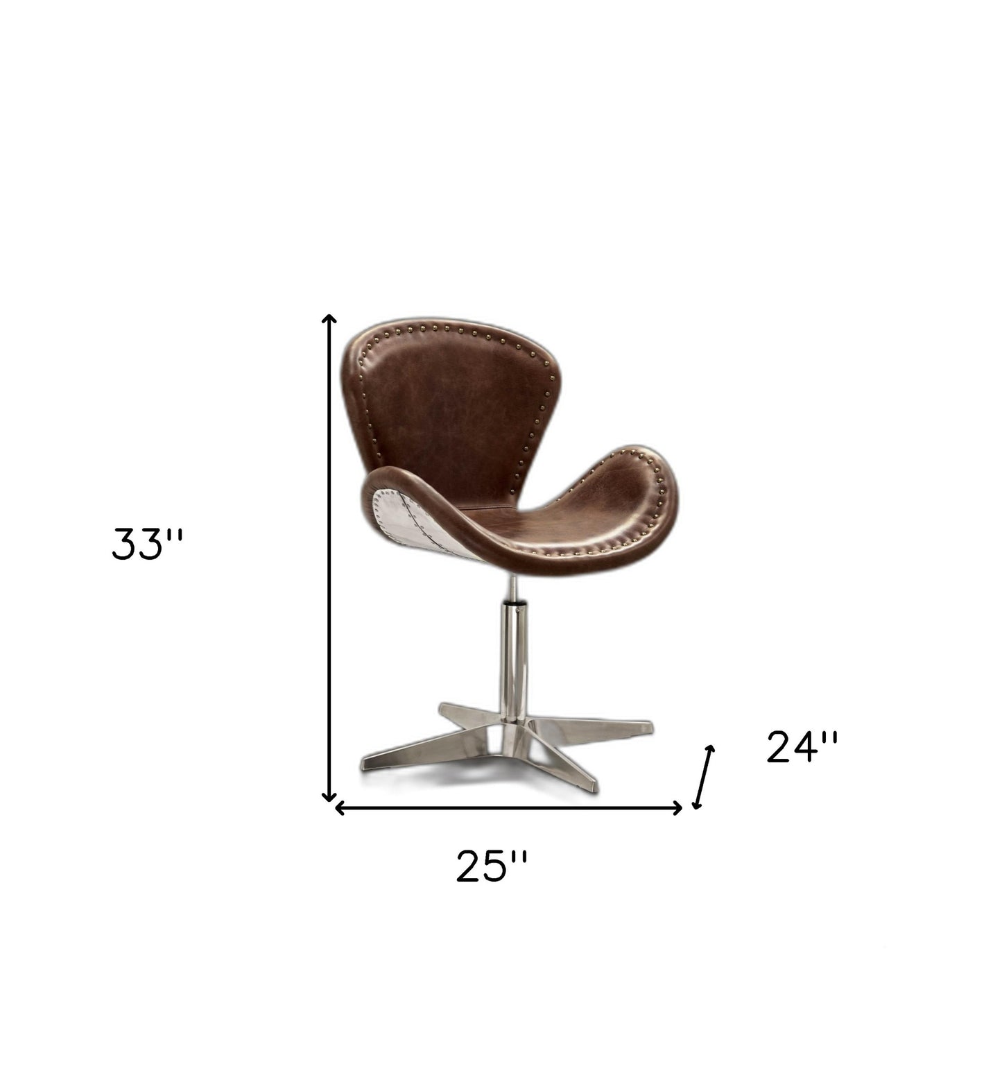 25" Brown And Silver Faux Leather Distressed Swivel Side Chair