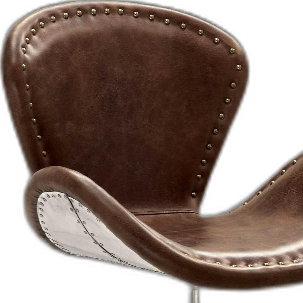 25" Brown And Silver Faux Leather Distressed Swivel Side Chair