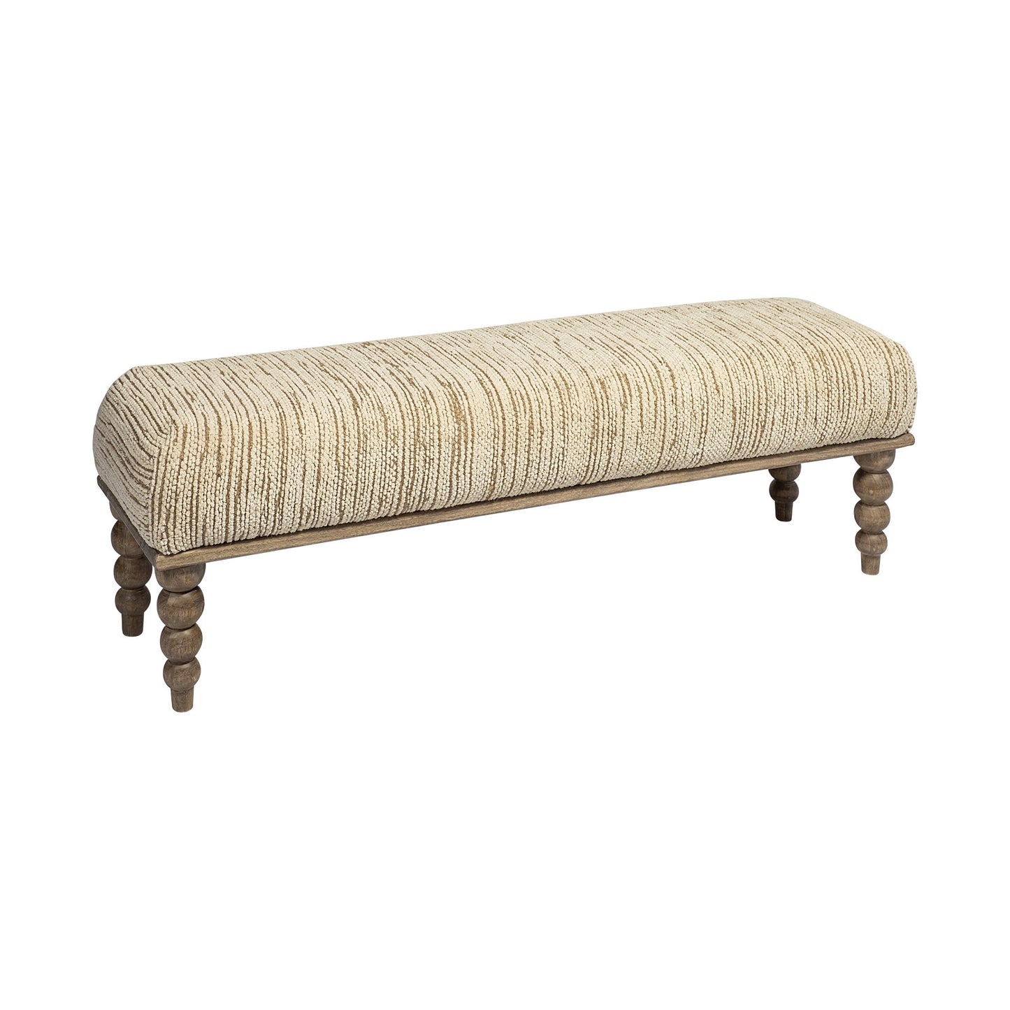 55" Cream and Wood Brown Upholstered Polyester Blend Bench