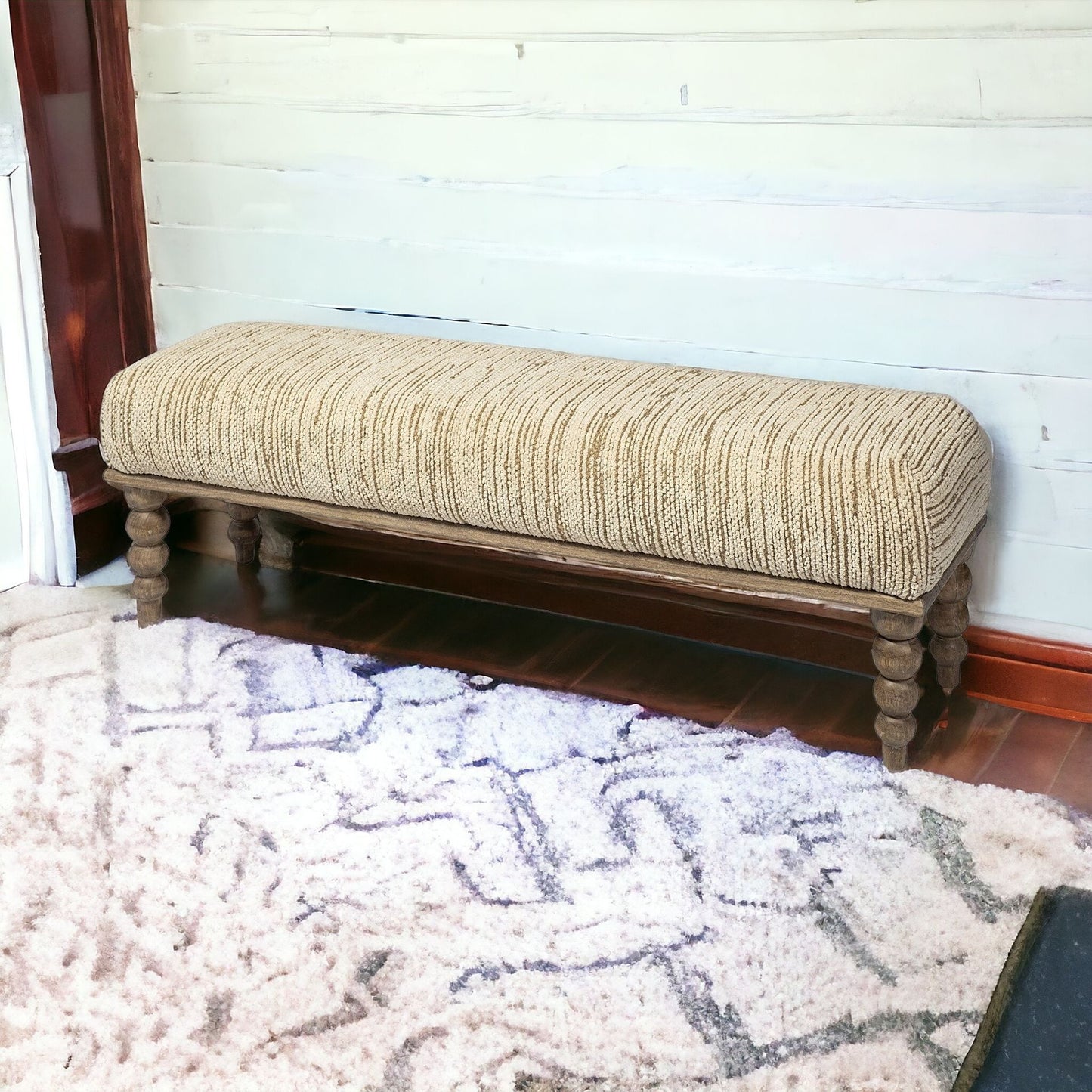 55" Cream and Wood Brown Upholstered Polyester Blend Bench