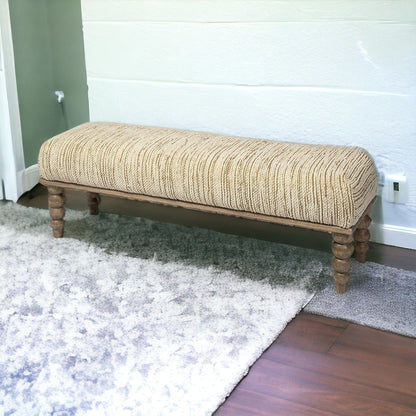 55" Cream and Wood Brown Upholstered Polyester Blend Bench