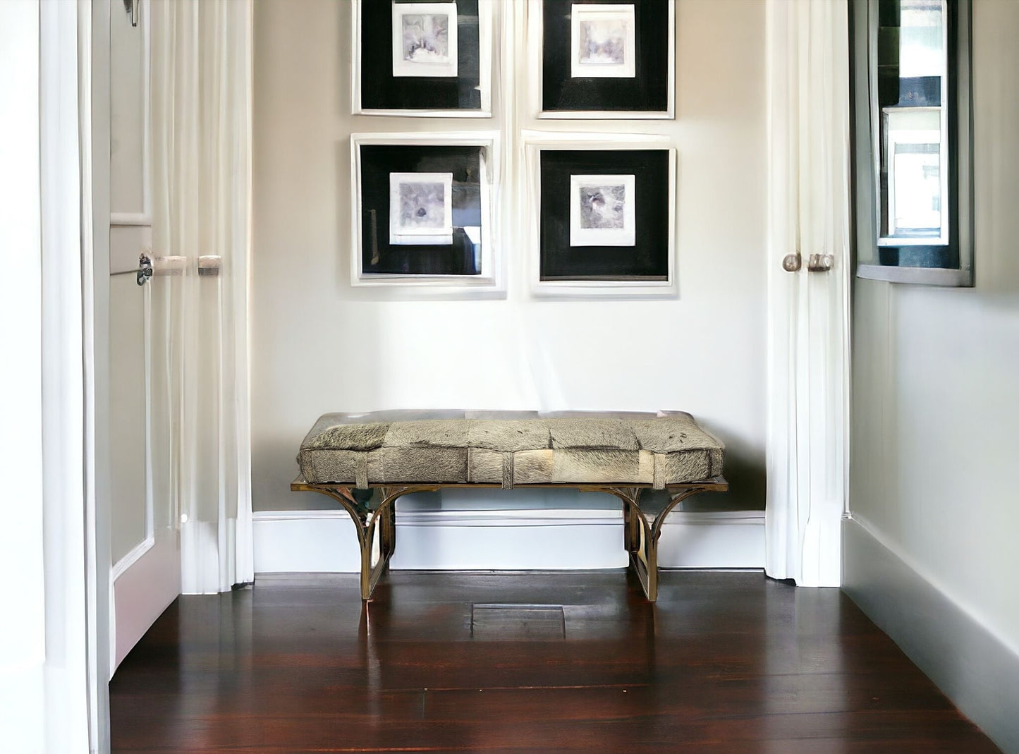 55" Gray and Antiqued Brass Upholstered Faux Fur Bench