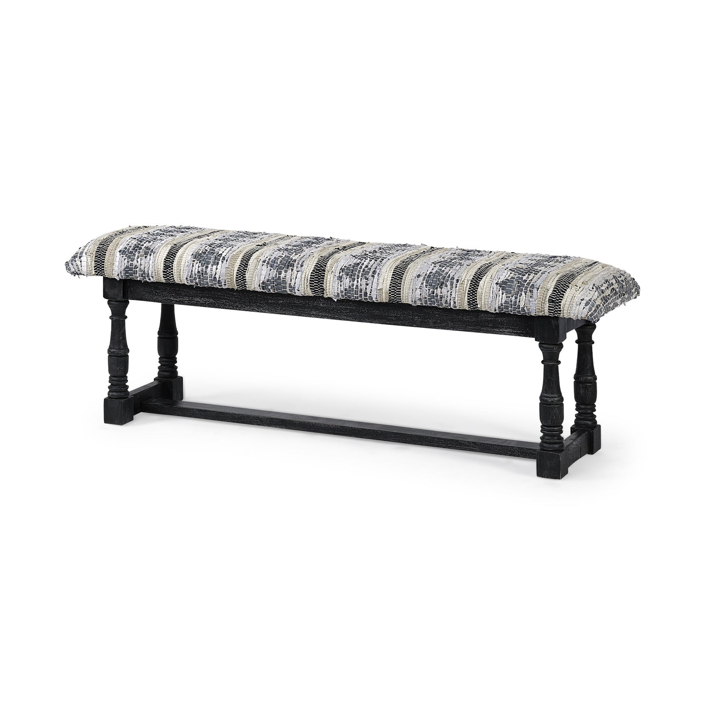 15" Off White and Black Upholstered Faux Leather Bench