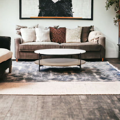 Oval White Marble Top And Black Metal Base Coffee Table W Wood Shelf