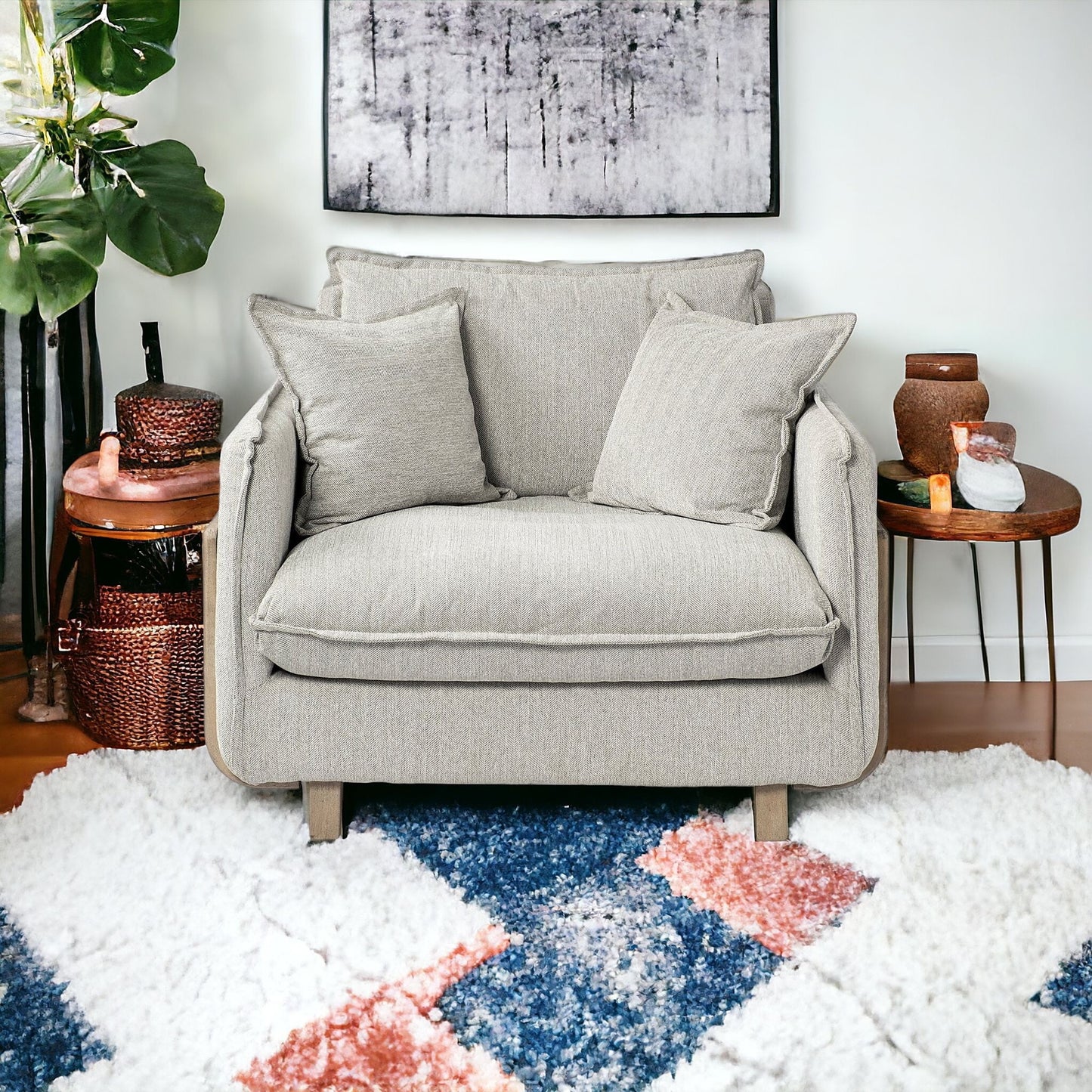 42" Gray And Wood Brown Fabric Arm Chair