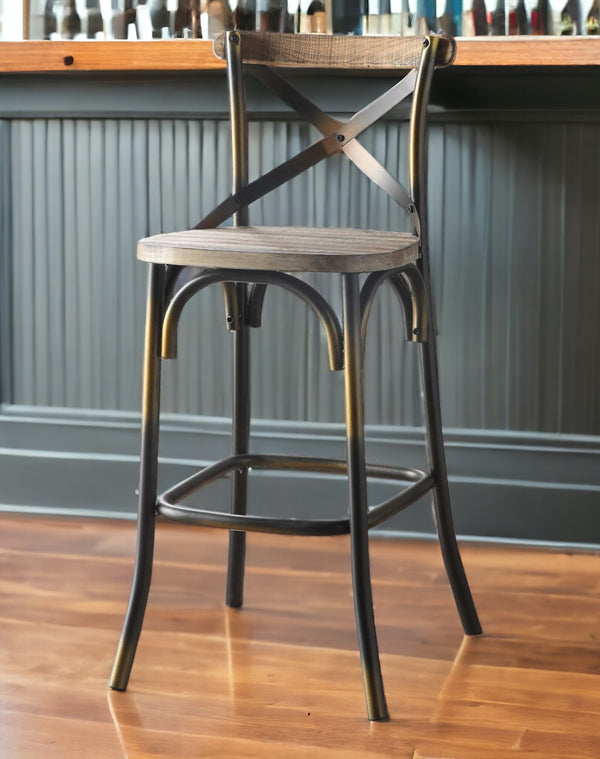 43 Oak And Black and Gold Solid Wood And Metal Bar Height Bar Chair