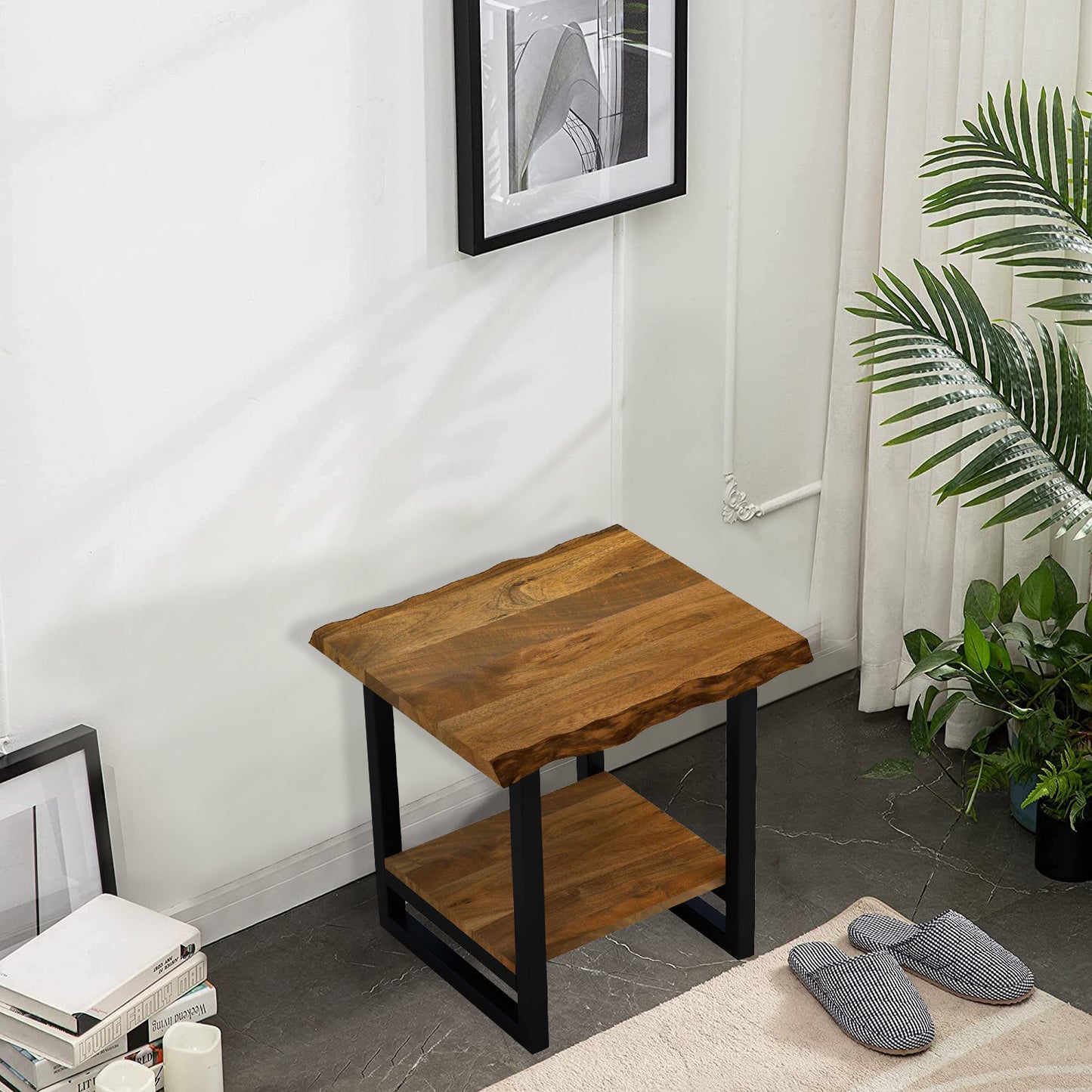 24" Black And Brown Solid Wood Square End Table With Shelf