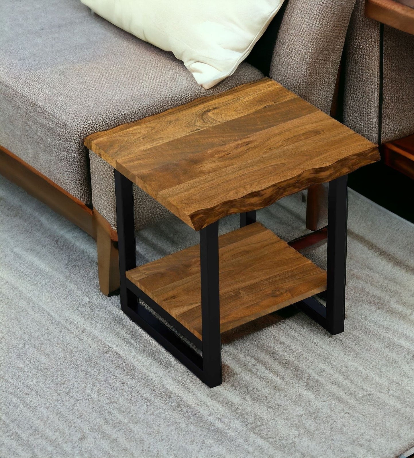 24" Black And Brown Solid Wood Square End Table With Shelf