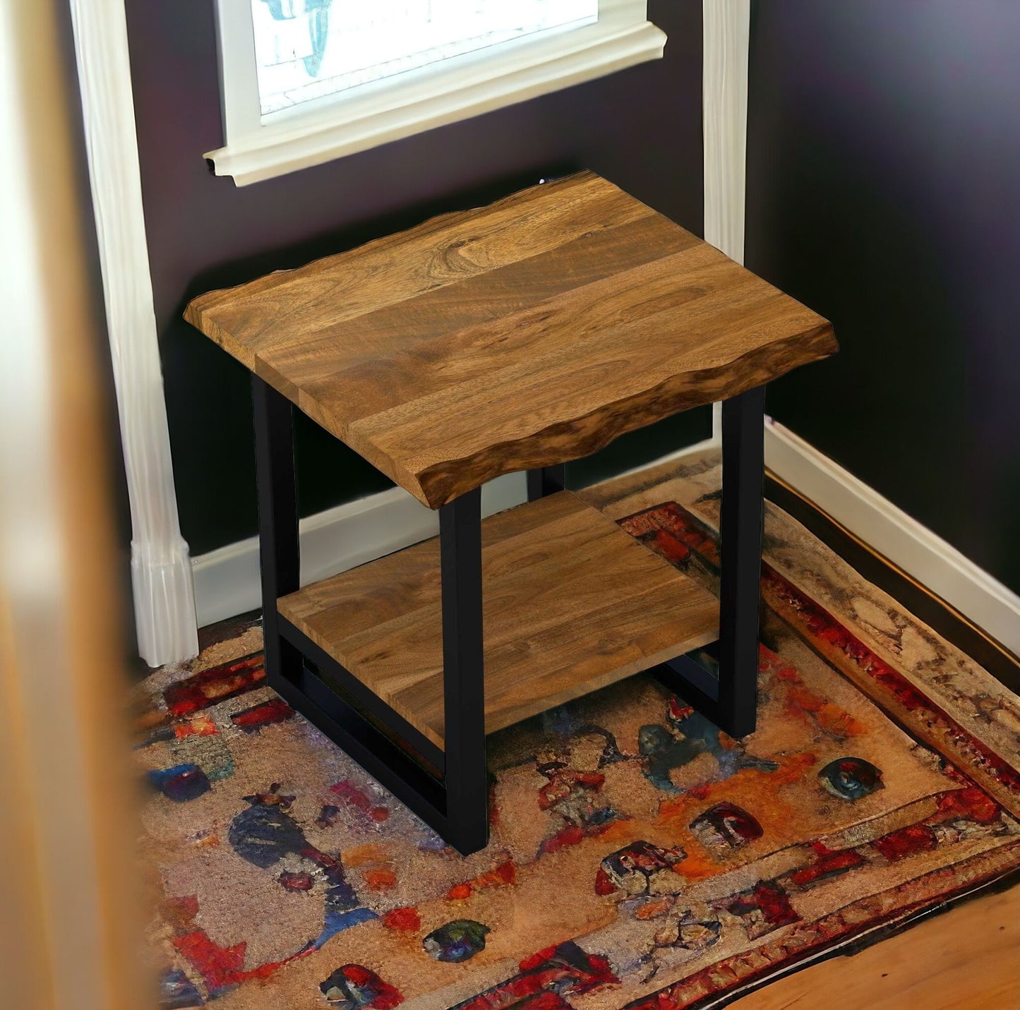 24" Black And Brown Solid Wood Square End Table With Shelf