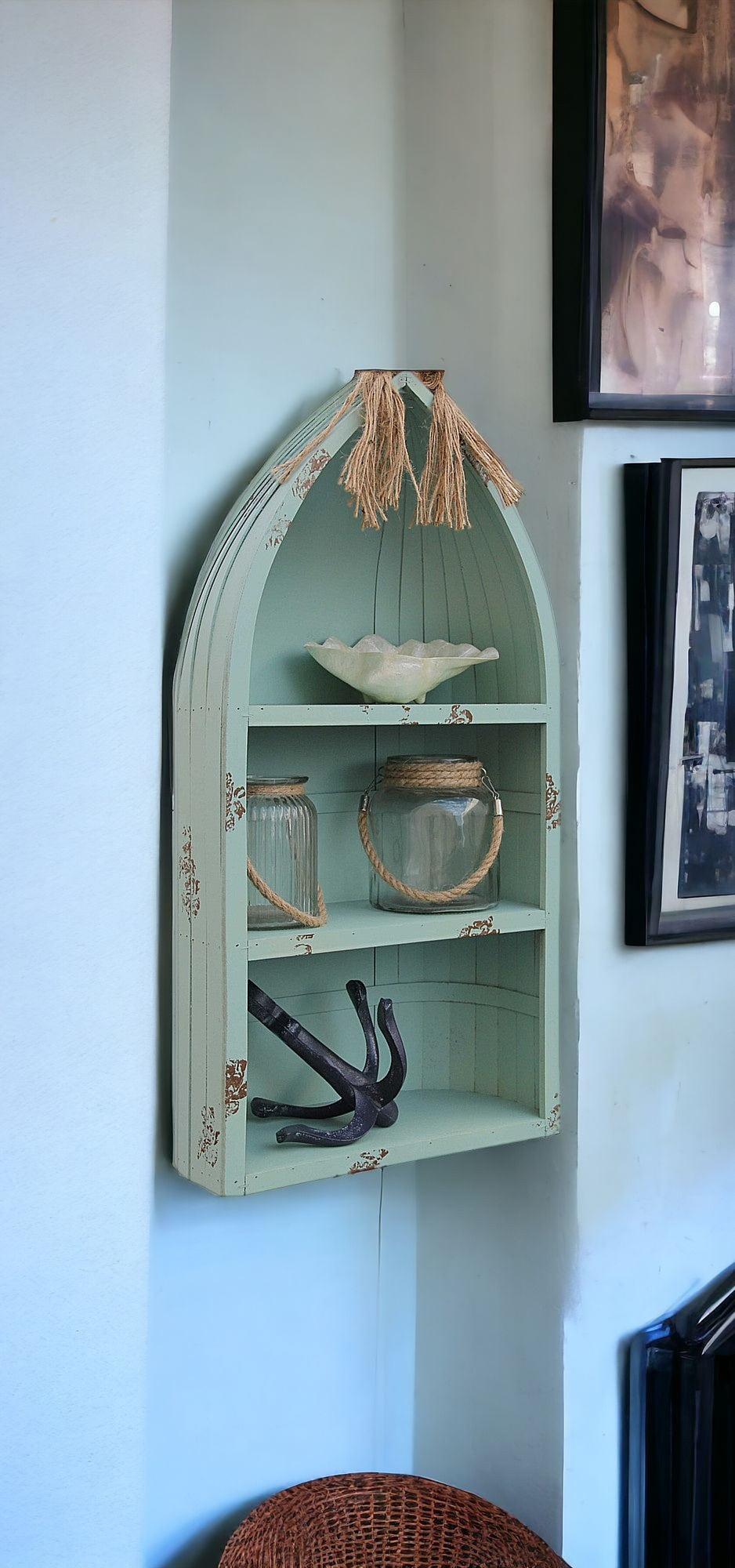 Distressed Blue Canoe Hanging Shelf