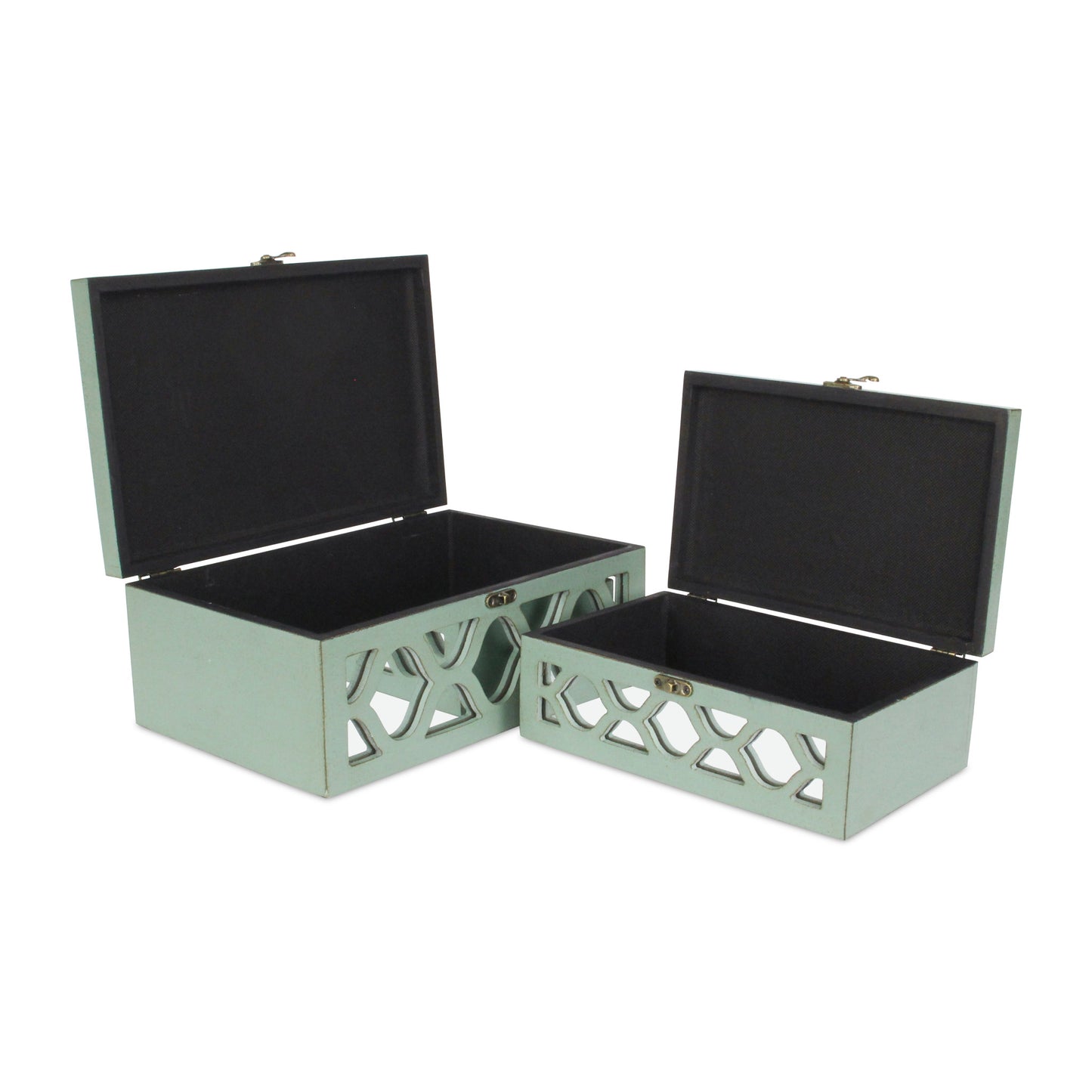 Set Of 2 Blue Wooden Boxes With Overlayed Mirror Panels