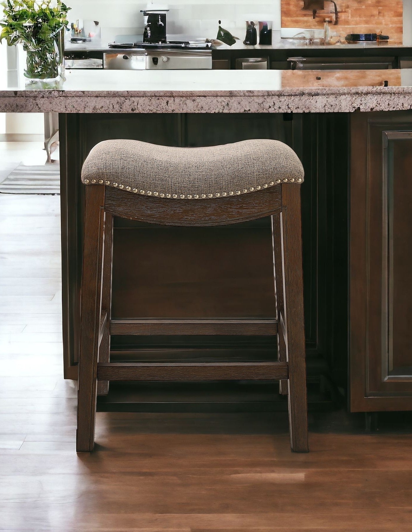 26" Taupe And Wood Brown Fabric And Solid Wood Backless Counter Height Bar Chair