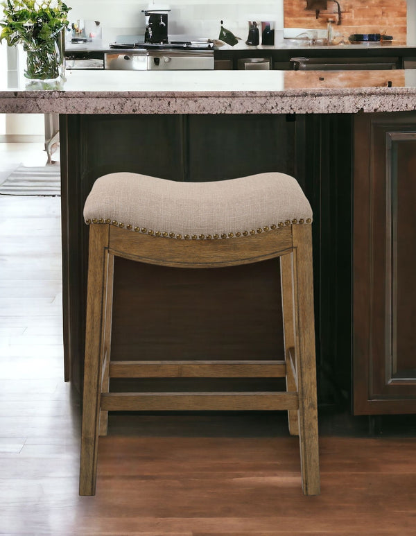 26 Cream And Wood Brown Backless Counter Height Bar Chair