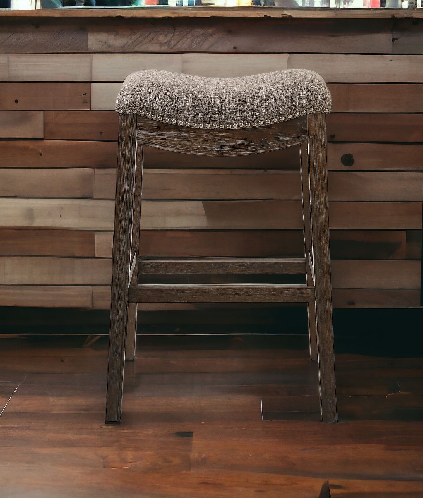 31" Taupe And Brown Solid Wood Backless Bar Height Bar Chair