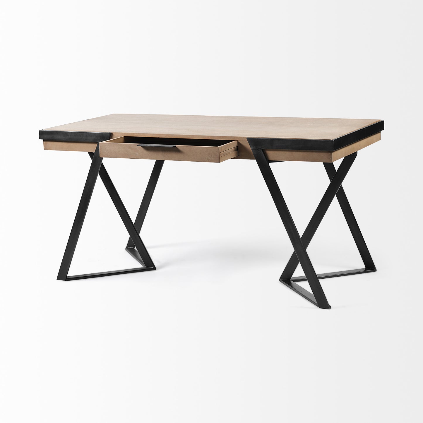 Solid Mango Wood Finish Writing Desk With Single Storage And Black Triangular Iron Legs