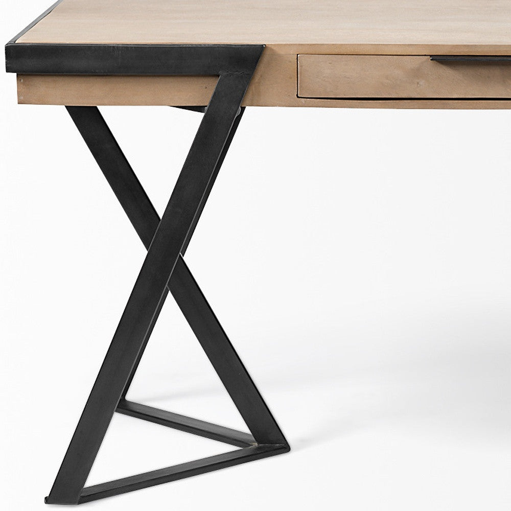 Solid Mango Wood Finish Writing Desk With Single Storage And Black Triangular Iron Legs