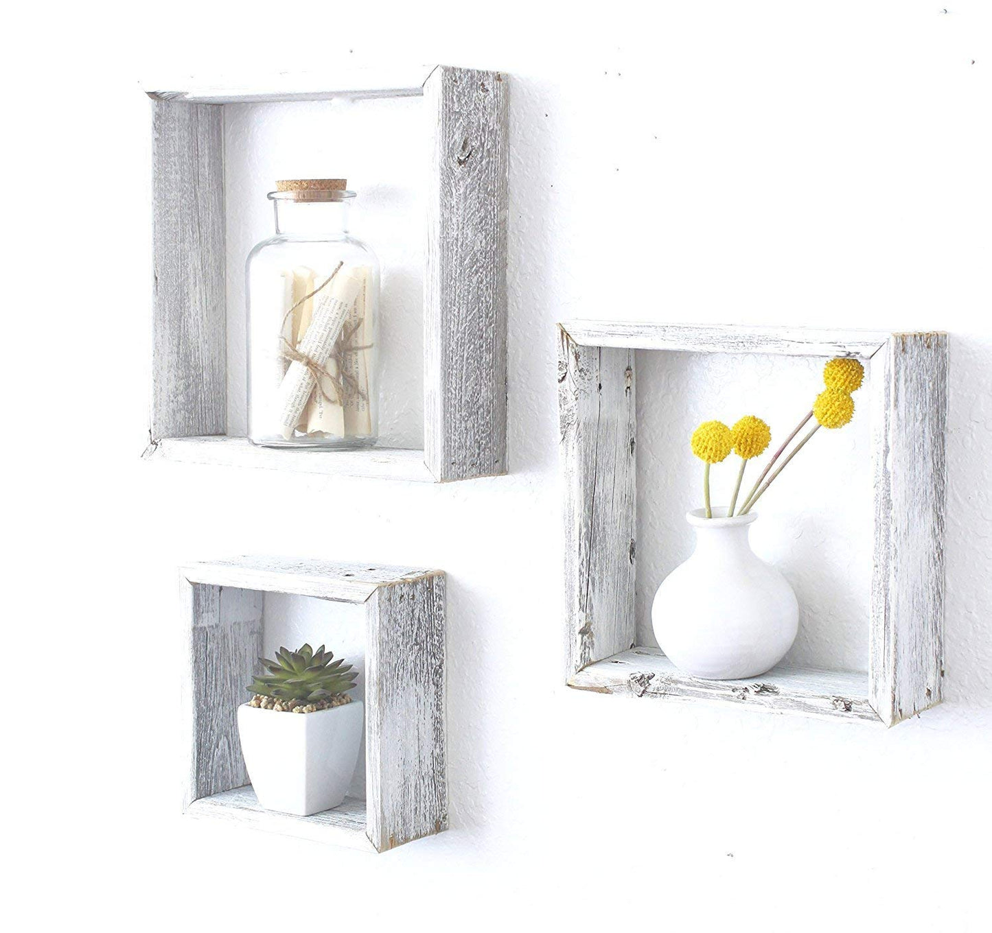 Set Of 3 Square Rustic White Wash Wood Open Box Shelve