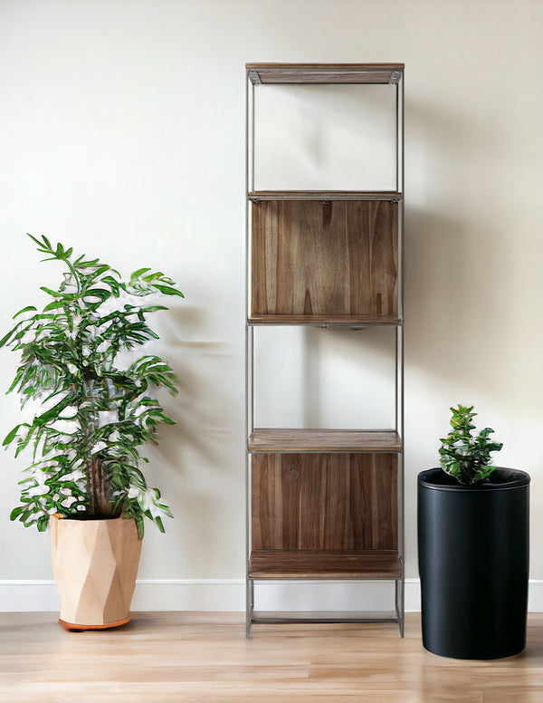 Brown Wood And Silver Metal Frame With 4 Shelf Shelving Unit